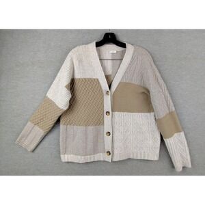 J Jill Womens Sweater M Tan Cable Knit Cardigan Patchwork Casual Office Care Coz